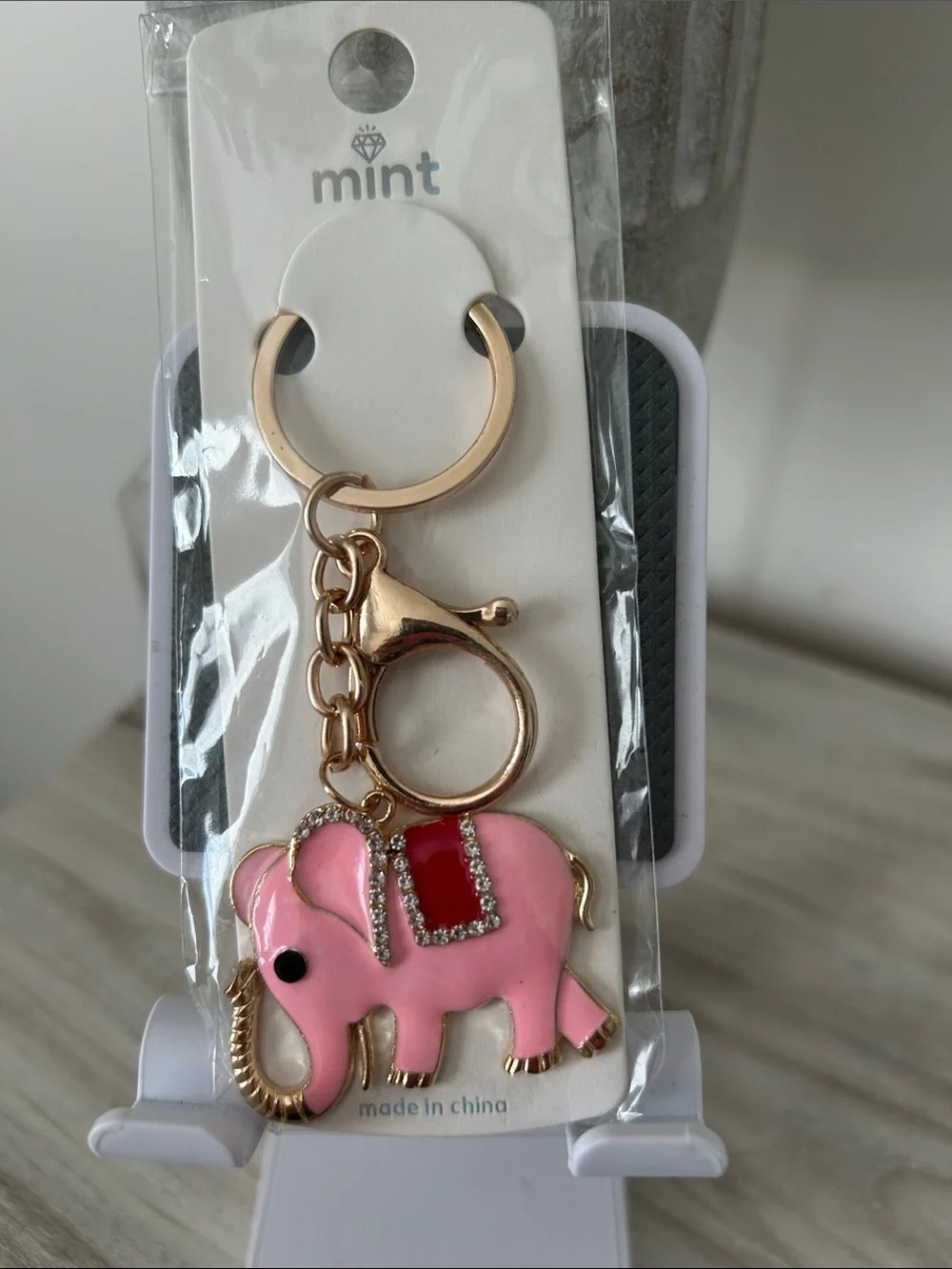 Mint Pink Elephant Keyring with Gold Hardware NIB